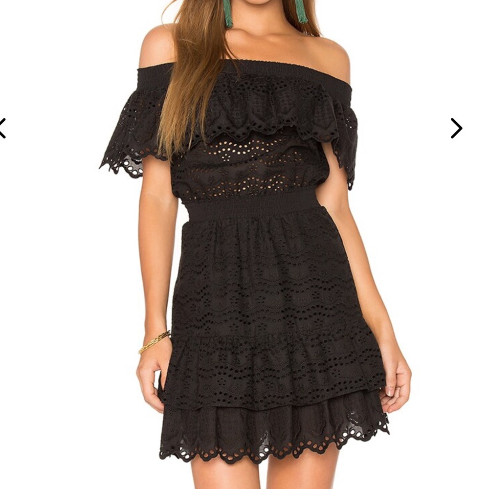 LoveShackFancy Black Off-Shoulder Eyelet Mini Dress